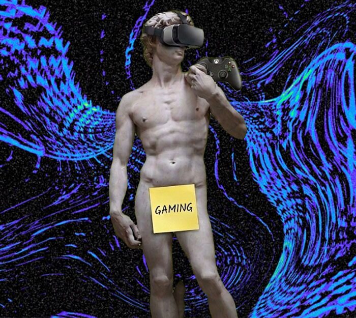 Il David di Michelangelo con un VR in testa, un gamepad e un post-it con scritto "gaming"