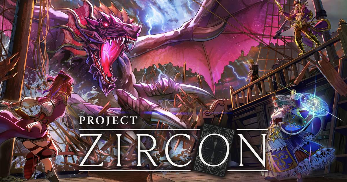 Un grande drago viola attacca la nave con i personaggi di Project Zircon e il logo del gioco