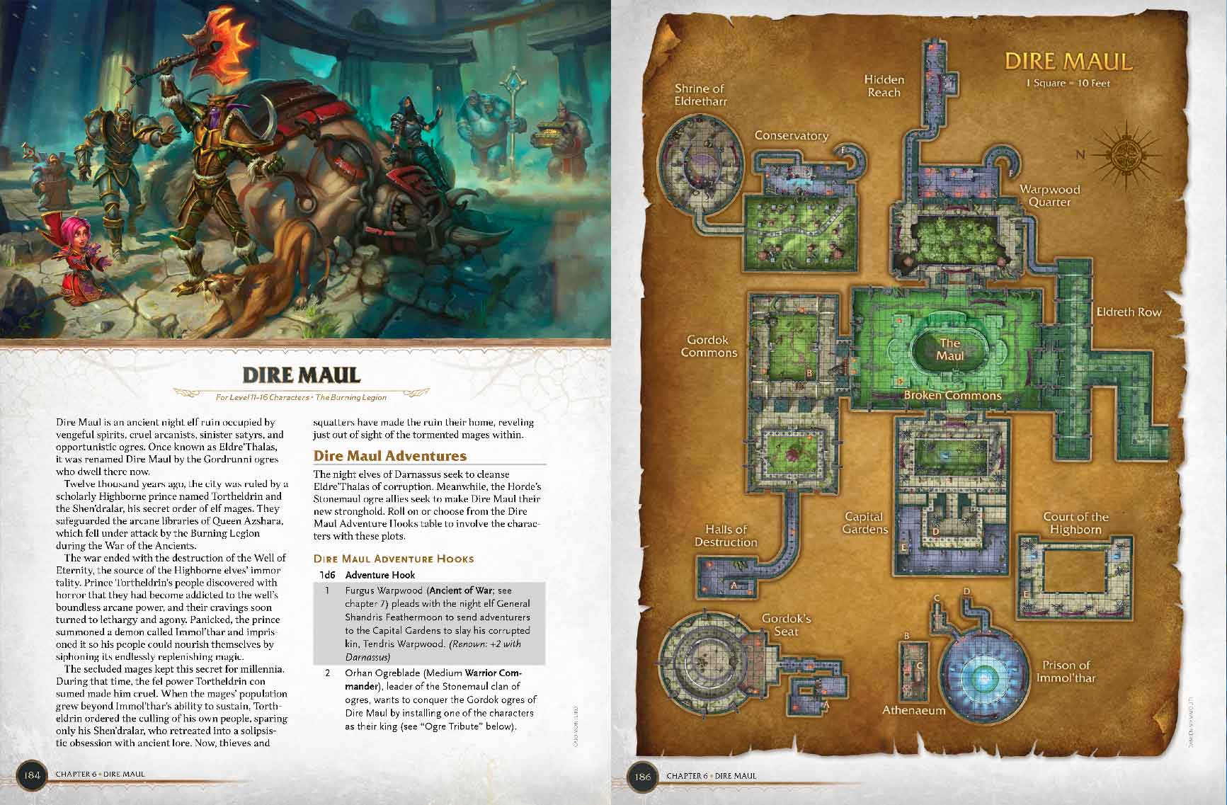 Due pagine di manuale del dungeon Dire Maul con tanto di mappa