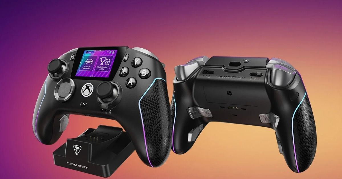 Vista frontale e posteriore del controller Stealth Ultra II di Turtle Beach affiancato dal dock di ricarica.