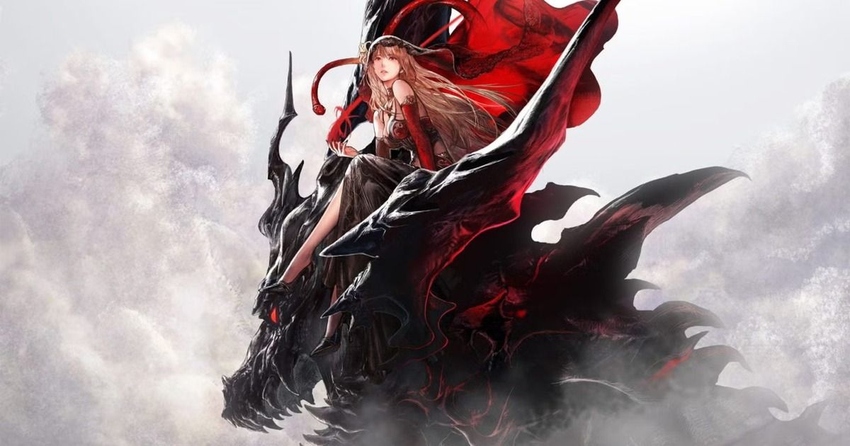 Illustrazione di copertina di Final Fantasy Resonance con un personaggio in abiti rossi in sella a una creatura dracotesca