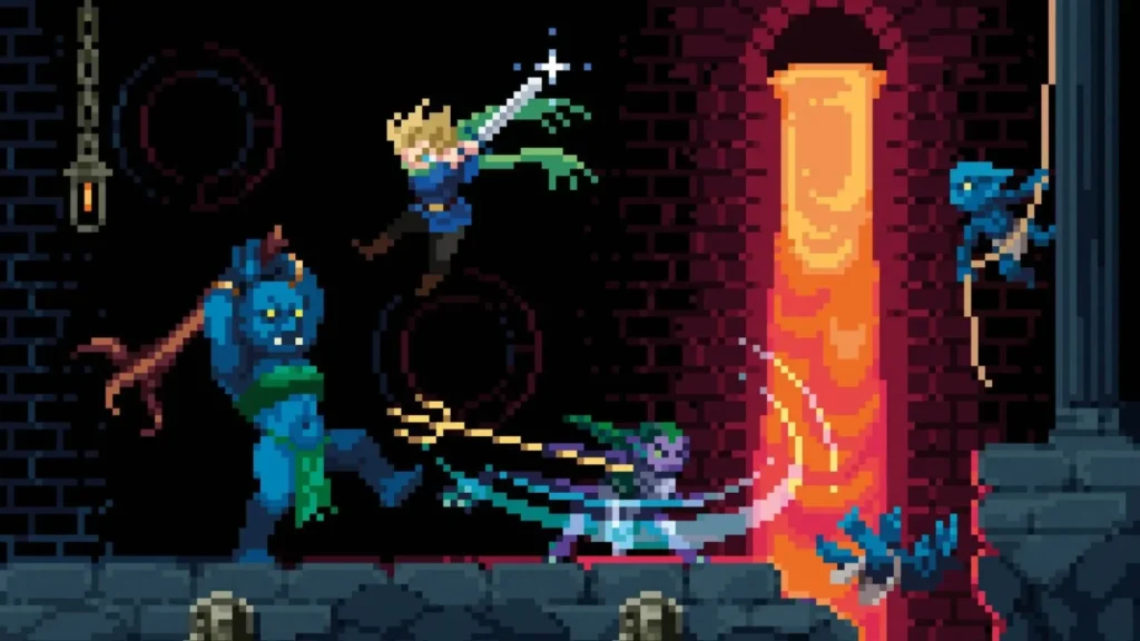 Gli eroi di Heroes of Cerulea che combattono degli orchi in un sotterraneo con una cascata di lava