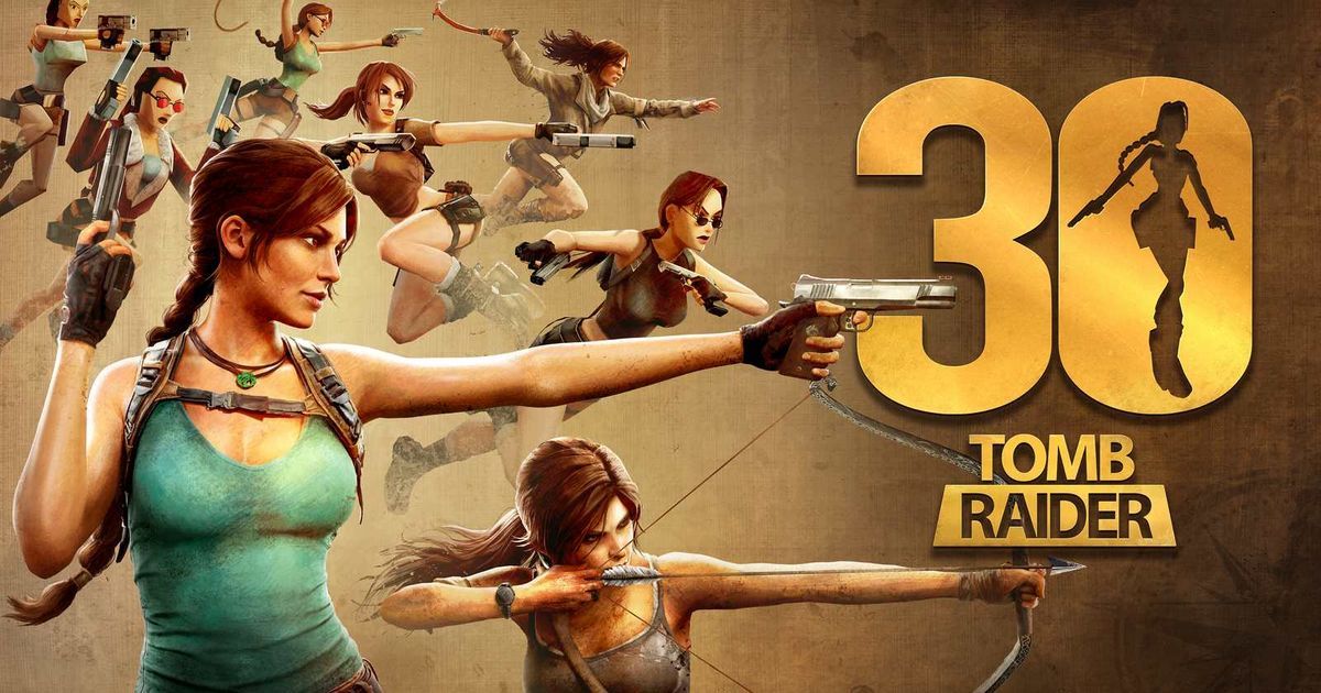 Illustrazione celebrativa per i 30 anni di Tomb Raider con le differenti versioni di Lara Croft e il logo TR30.
