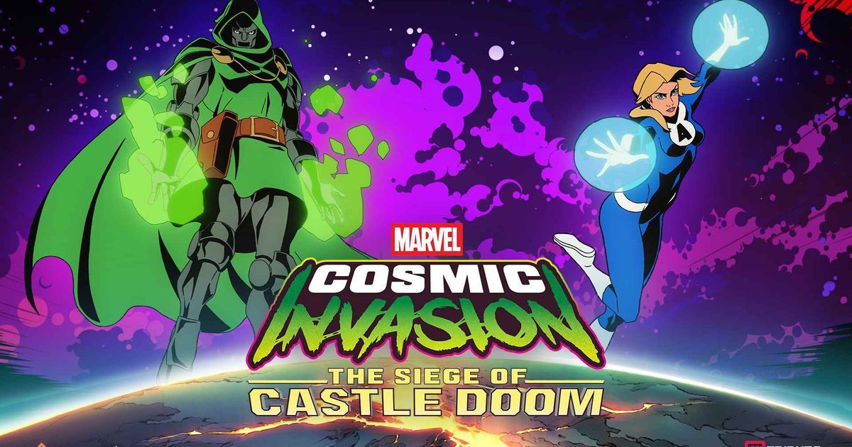 Il Dottor Doom e La Donna Invisibile fluttuano nello spazio sopra la Terra nel logo del gioco