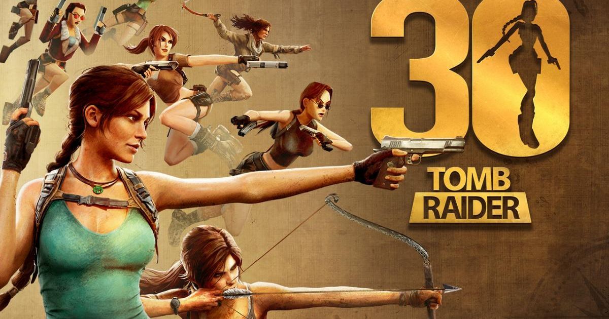 Illustrazione celebrativa per i 30 anni di Tomb Raider con varie versioni di Lara Croft e il logo dorato.